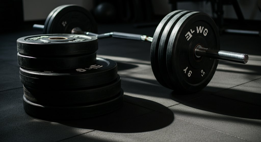 Crosstraining Equipment mit Langhantel und Bumper Plates für Krafttraining.