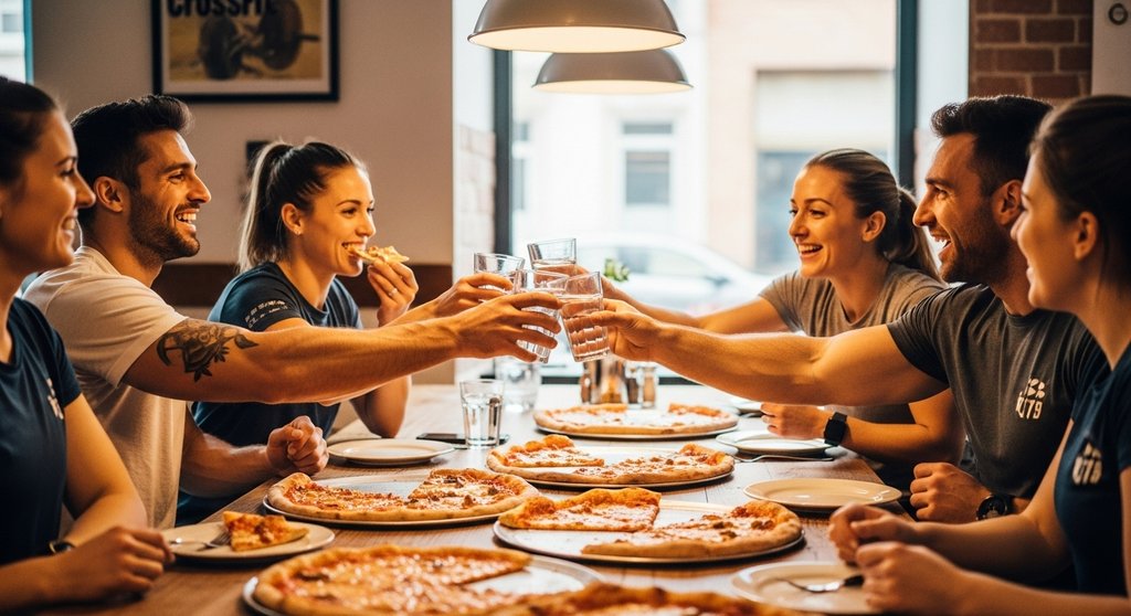 CrossTraining-Team genießt eine wohlverdiente Pizza als gemeinsames Cheat Meal.