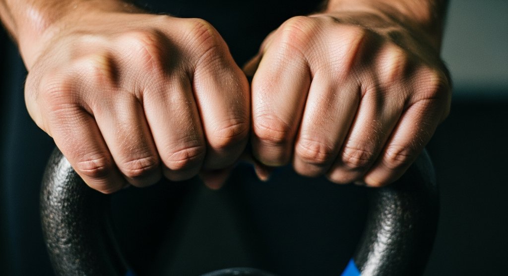 Nahaufnahme von Händen mit Kreide, die eine Kettlebell als Ausrüstung für Crosstraining greifen.