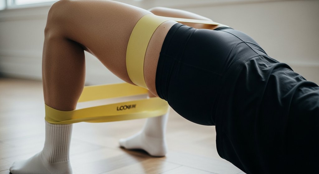 Detailaufnahme der Beine einer Person, die eine Glute Bridge mit einem Widerstandsband macht.