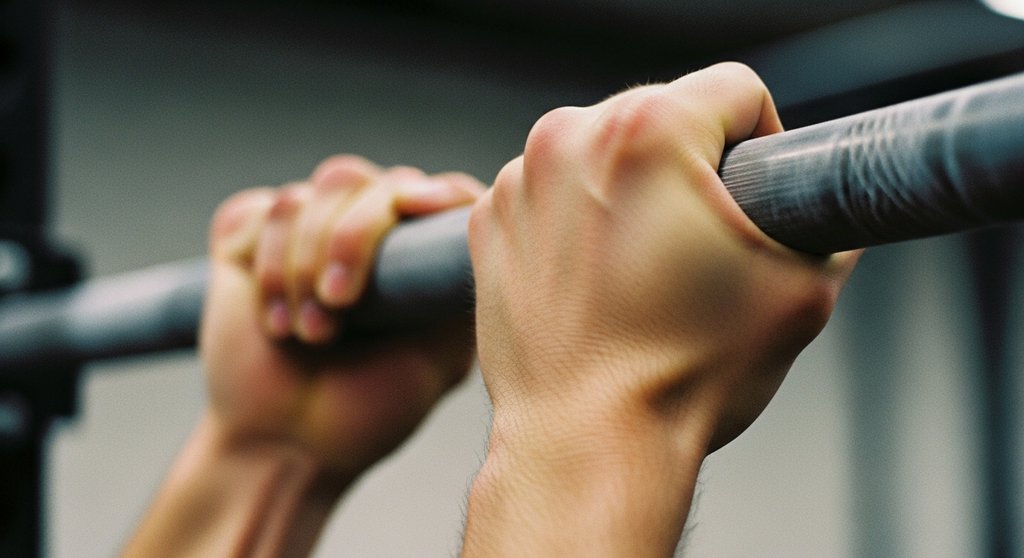 Detailaufnahme der Hände eines Athleten, der eine Klimmzugstange für eine Crosstraining-Übung sicher greift.