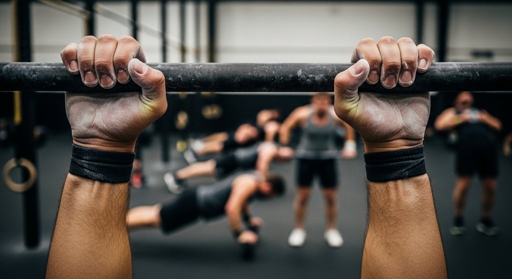 Detailaufnahme von Athletenhänden an einer Klimmzugstange während des anstrengenden Hero WOD Murph.