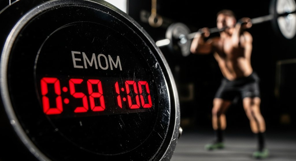Digitale Uhr in einer CrossFit-Box zeigt den Beginn einer neuen Minute in einem EMOM-Workout an.