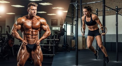 Direkter Vergleich von CrossTraining vs. Bodybuilding: Athletin bei Muscle-up und Bodybuilder beim Posing. Direkter Vergleich von CrossTraining vs. Bodybuilding: Athletin bei Muscle-up und Bodybuilder beim Posing.