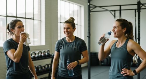 Drei Frauen machen eine Pause beim Crosstraining in einer CrossFit Box und lachen. Drei Frauen machen eine Pause beim Crosstraining in einer CrossFit Box und lachen.