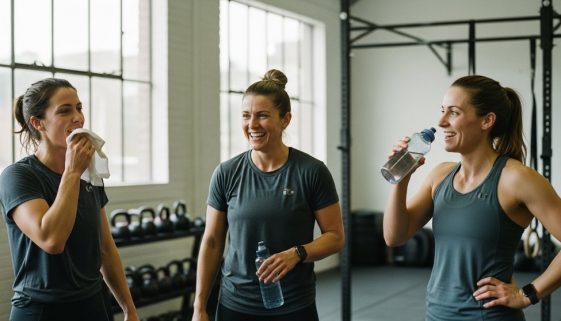 Drei Frauen machen eine Pause beim Crosstraining in einer CrossFit Box und lachen.