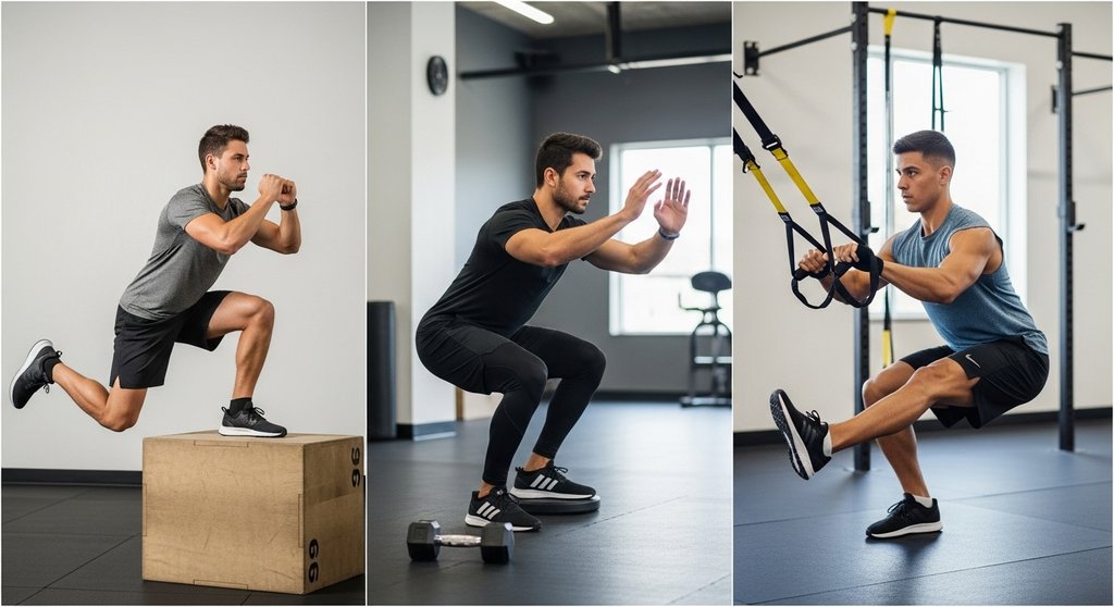 Drei Progressionsübungen für den Pistol Squat: Box Squat, mit Fersenerhöhung und mit Unterstützung.