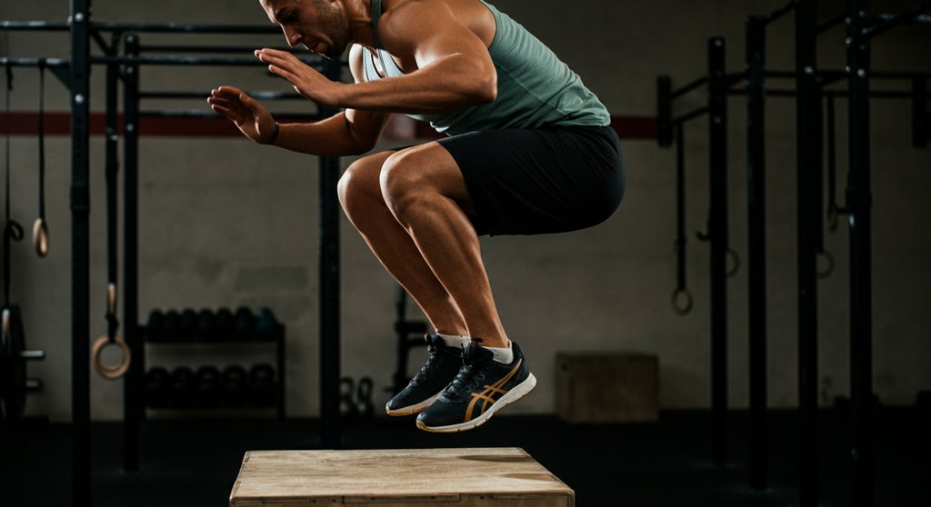 Dynamischer Box Jump, im Crosstraining Lexikon als plyometrische Übung erklärt.