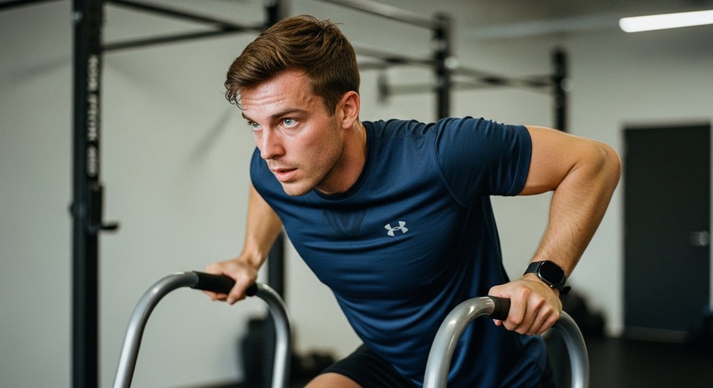 Editorial style photo, medium shot of a focused athlete in their late 20s performing a dynamic Mountain Climber. The setting is a minimalist, modern gym with muted tones. The athlete shows determination and sweat on their forehead. Shot on a 35mm camera, Kodak Portra 400 style, with visible skin texture and a slight film grain. The background is slightly blurred (depth of field) to emphasize the movement. Candid shot, not posed.