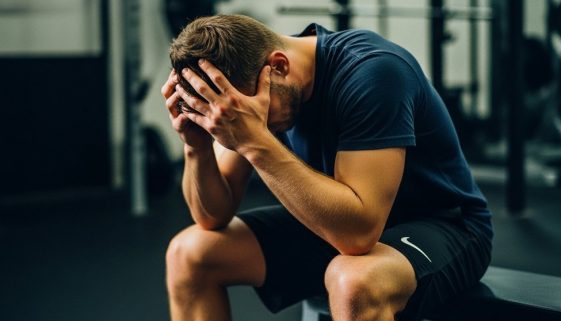 Editorial style photo, medium shot of a male athlete in his late 20s sitting on the edge of a gym bench, head in his hands. The lighting is dramatic and moody, with deep shadows. He looks mentally and physically exhausted, not just tired. The background is a slightly blurred, gritty gym environment. Focus on the raw emotion of burnout. Shot on 35mm camera, Kodak Portra 400 style, visible film grain and true-to-life colors.