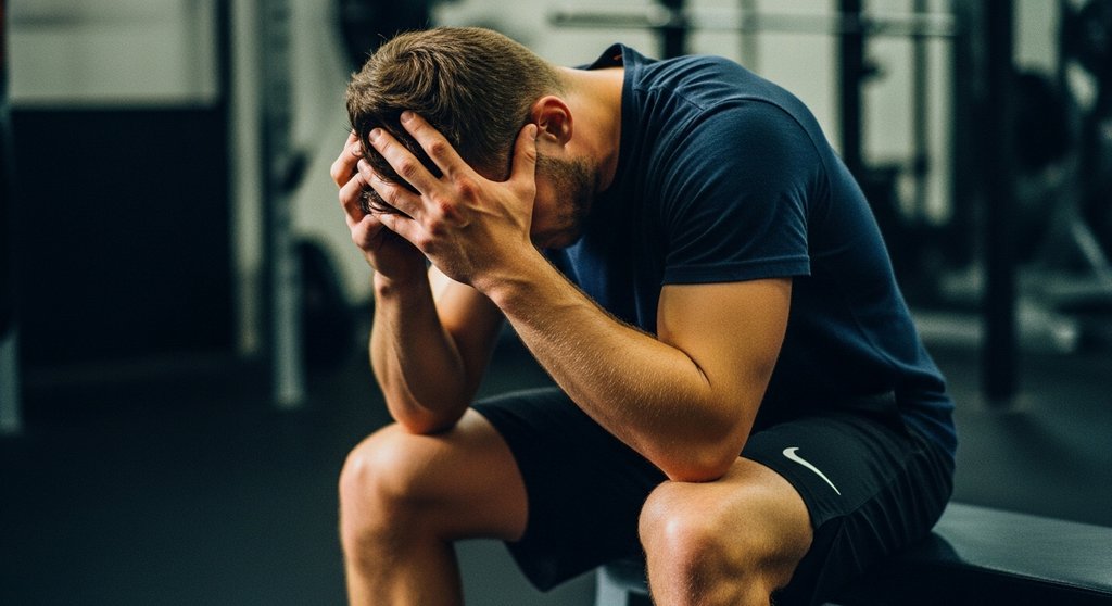 Editorial style photo, medium shot of a male athlete in his late 20s sitting on the edge of a gym bench, head in his hands. The lighting is dramatic and moody, with deep shadows. He looks mentally and physically exhausted, not just tired. The background is a slightly blurred, gritty gym environment. Focus on the raw emotion of burnout. Shot on 35mm camera, Kodak Portra 400 style, visible film grain and true-to-life colors.