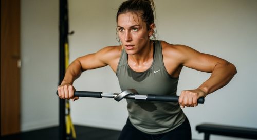Editorial style photography, medium shot of a determined female athlete in her late 20s in the middle of a dynamic Russian Twist exercise. The setting is a minimalist, modern home gym with muted, earthy tones. She shows intense focus and beads of sweat on her forehead, capturing the high-intensity nature of the workout. Shot on a 35mm camera, Kodak Portra 400 style, with visible skin texture and a slight film grain. The background is beautifully blurred (bokeh), drawing all attention to her powerful movement. Candid, not posed. Editorial style photography, medium shot of a determined female athlete in her late 20s in the middle of a dynamic Russian Twist exercise. The setting is a minimalist, modern home gym with muted, earthy tones. She shows intense focus and beads of sweat on her forehead, capturing the high-intensity nature of the workout. Shot on a 35mm camera, Kodak Portra 400 style, with visible skin texture and a slight film grain. The background is beautifully blurred (bokeh), drawing all attention to her powerful movement. Candid, not posed.