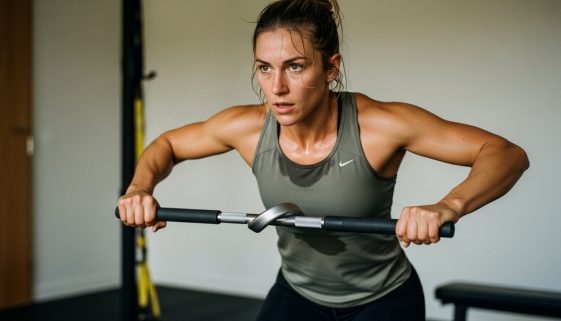 Editorial style photography, medium shot of a determined female athlete in her late 20s in the middle of a dynamic Russian Twist exercise. The setting is a minimalist, modern home gym with muted, earthy tones. She shows intense focus and beads of sweat on her forehead, capturing the high-intensity nature of the workout. Shot on a 35mm camera, Kodak Portra 400 style, with visible skin texture and a slight film grain. The background is beautifully blurred (bokeh), drawing all attention to her powerful movement. Candid, not posed.