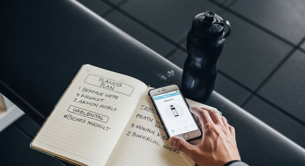 Ein 2er Split Trainingsplan in einem Notizbuch auf einer Hantelbank im Fitnessstudio.