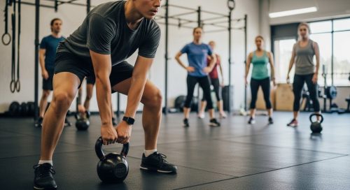 Ein Anfänger startet konzentriert sein CrossTraining-Workout in einer Gruppe.