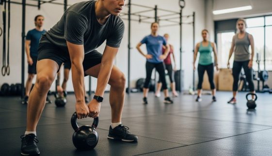 Ein Anfänger startet konzentriert sein CrossTraining-Workout in einer Gruppe.