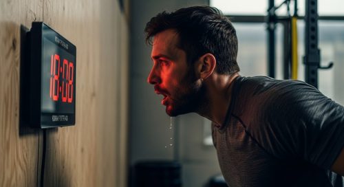 Ein Athlet absolviert ein intensives AMRAP HIIT Workout und schaut konzentriert auf den Timer. Ein Athlet absolviert ein intensives AMRAP HIIT Workout und schaut konzentriert auf den Timer.