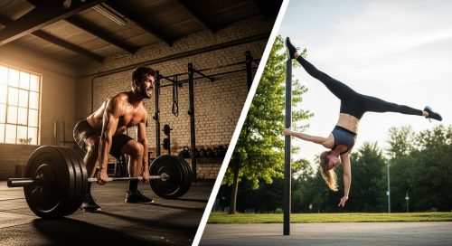Ein Athlet beim CrossTraining mit einer Langhantel im Vergleich zu einer Athletin bei einer Calisthenics-Übung. Ein Athlet beim CrossTraining mit einer Langhantel im Vergleich zu einer Athletin bei einer Calisthenics-Übung.