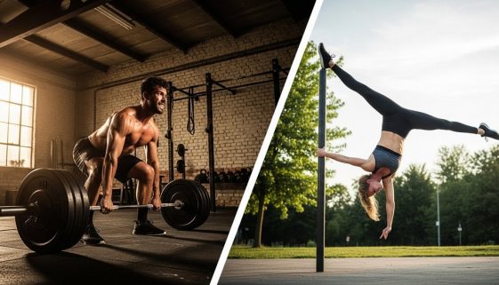 Ein Athlet beim CrossTraining mit einer Langhantel im Vergleich zu einer Athletin bei einer Calisthenics-Übung.