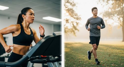 Ein Athlet beim intensiven HIIT-Sprint und ein anderer beim entspannten LISS-Lauf im Vergleich. Ein Athlet beim intensiven HIIT-Sprint und ein anderer beim entspannten LISS-Lauf im Vergleich.