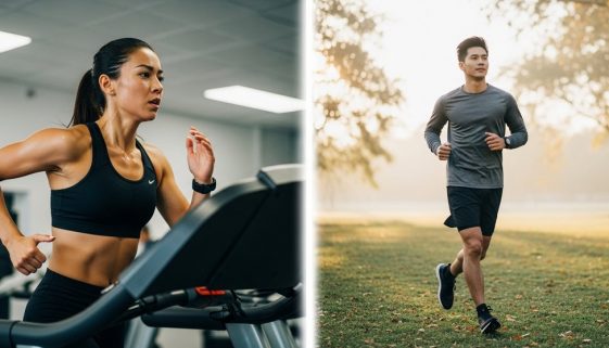 Ein Athlet beim intensiven HIIT-Sprint und ein anderer beim entspannten LISS-Lauf im Vergleich.