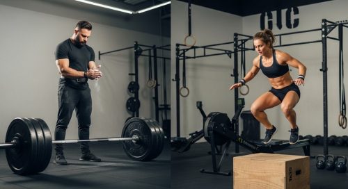 Ein Athlet beim Powerlifting im Vergleich zu einer Athletin beim Crosstraining. Ein Athlet beim Powerlifting im Vergleich zu einer Athletin beim Crosstraining.