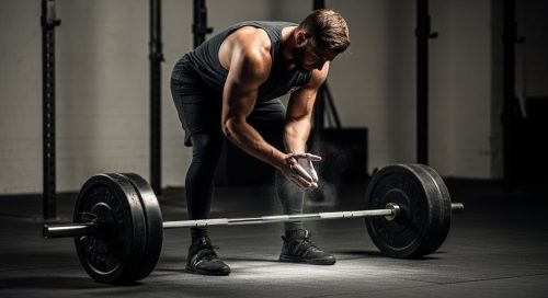 Ein Athlet bereitet sich fokussiert auf einen schweren Deadlift nach dem Wendler 5/3/1 Trainingsplan vor.