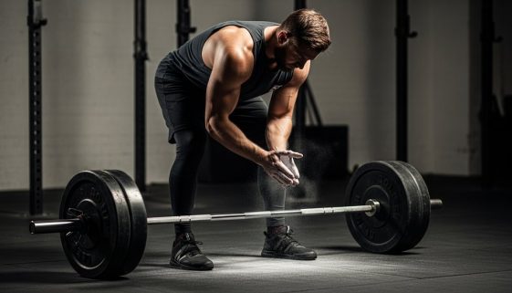 Ein Athlet bereitet sich fokussiert auf einen schweren Deadlift nach dem Wendler 5/3/1 Trainingsplan vor.
