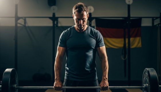 Ein Athlet bereitet sich mental auf ein intensives Hero WOD in einer CrossFit-Box vor.