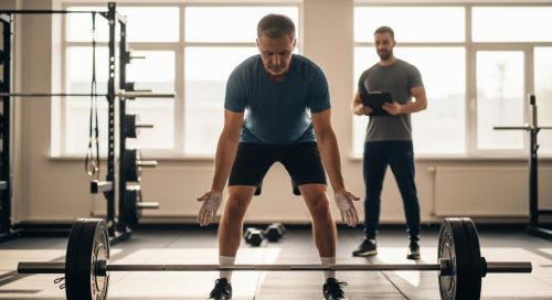 Ein Athlet bereitet sich unter Aufsicht eines Coaches sicher auf das Gewichtheben im Crosstraining vor. Ein Athlet bereitet sich unter Aufsicht eines Coaches sicher auf das Gewichtheben im Crosstraining vor.