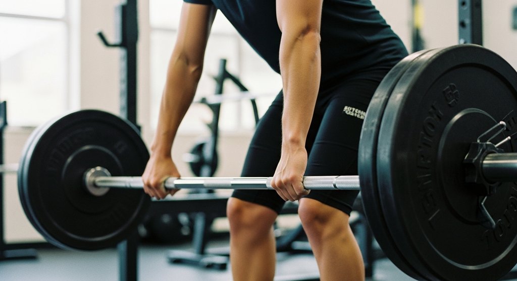 Ein Athlet bereitet sich von hinten gefilmt auf einen schweren Kreuzhebe-Versuch vor, Fokus auf dem Griff und der Rückenmuskulatur.
