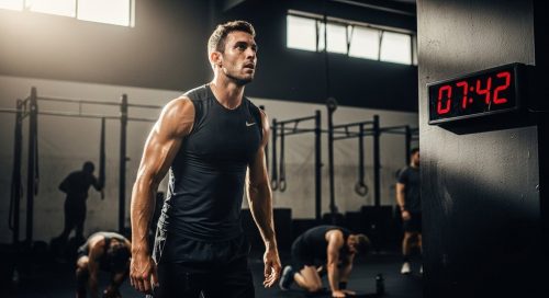 Ein Athlet demonstriert perfektes Pacing im WOD und blickt kontrolliert auf seine Uhr.