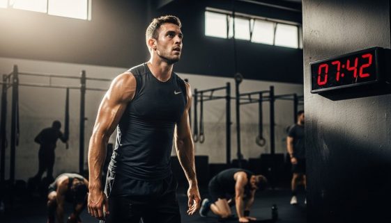Ein Athlet demonstriert perfektes Pacing im WOD und blickt kontrolliert auf seine Uhr.
