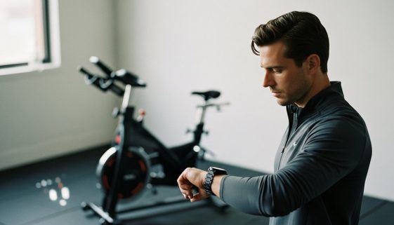 Ein Athlet, der nach der Gibala Methode trainiert und seine Zeit stoppt.