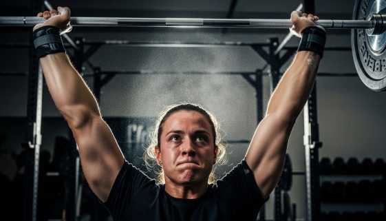 Ein Athlet führt den Clean and Jerk mit korrekter Technik und voller Konzentration aus.