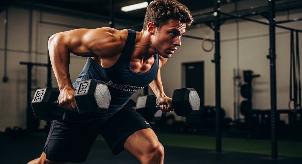 Ein Athlet führt einen Dumbbell Thruster als Teil eines anspruchsvollen EMOM Workouts aus.