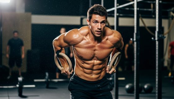 Ein Athlet führt einen Ring-Muscle-up beim Gymnastics Crosstraining durch.