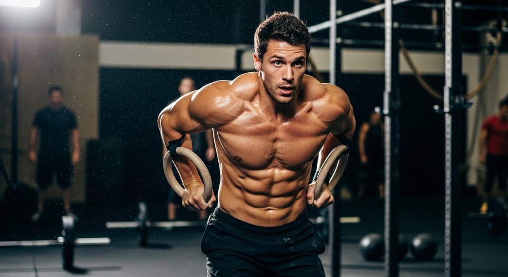 Ein Athlet führt einen Ring-Muscle-up beim Gymnastics Crosstraining durch.