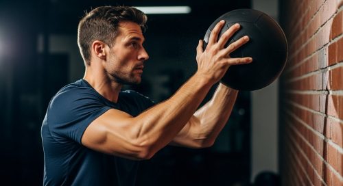 Ein Athlet führt einen Wall Ball mit perfekter Technik in einer Crosstraining-Box aus.