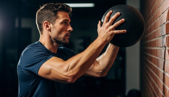Ein Athlet führt einen Wall Ball mit perfekter Technik in einer Crosstraining-Box aus.