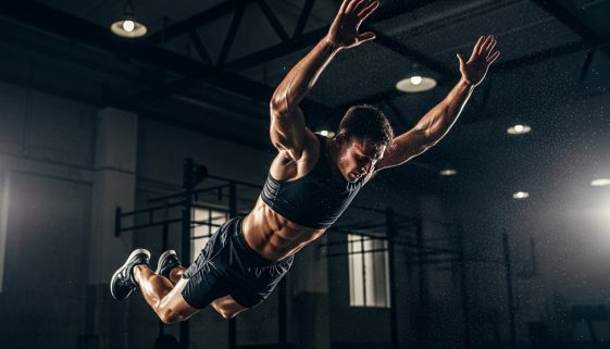 Ein Athlet führt mit korrekter Burpee Technik einen explosiven Sprung aus.
