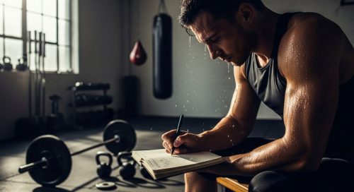 Ein Athlet führt nach dem Crosstraining konzentriert sein Trainingslogbuch.