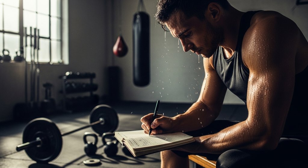 Ein Athlet führt nach dem Crosstraining konzentriert sein Trainingslogbuch.