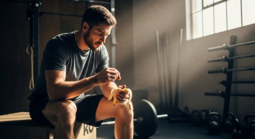 Ein Athlet isst eine Banane als Pre-Workout-Snack vor seinem WOD.