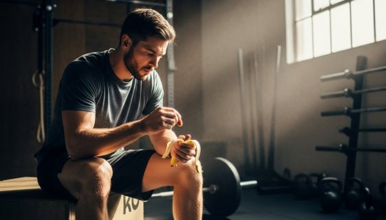 Ein Athlet isst eine Banane als Pre-Workout-Snack vor seinem WOD.