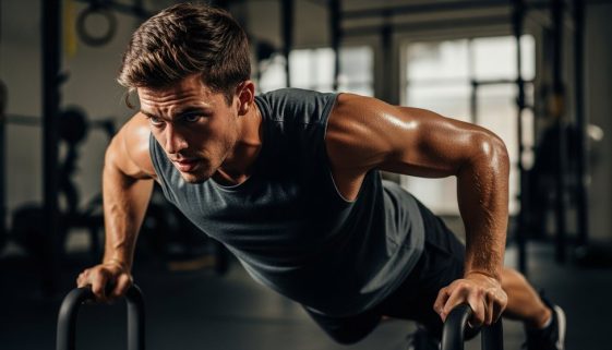 Ein Athlet konzentriert sich voll auf sein HIIT-Training in einer dynamischen Umgebung. Medium Shot, candid action photo of a focused male athlete in his late 20s mid-burpee. He is sweating, showing visible effort and muscle tension. The background is a slightly gritty, urban gym environment with some other equipment blurred out, creating depth of field. The lighting is dramatic, coming from one side, highlighting the contours of his body. Shot on a DSLR with a 50mm lens, capturing true-to-life colors with a slight desaturation for a raw, authentic feel. Visible skin texture and slight film grain. → Athlet beim HIIT-Workout zur Maximierung des Kalorienverbrauchs.