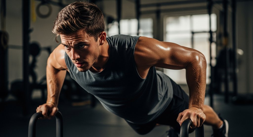 Ein Athlet konzentriert sich voll auf sein HIIT-Training in einer dynamischen Umgebung. Medium Shot, candid action photo of a focused male athlete in his late 20s mid-burpee. He is sweating, showing visible effort and muscle tension. The background is a slightly gritty, urban gym environment with some other equipment blurred out, creating depth of field. The lighting is dramatic, coming from one side, highlighting the contours of his body. Shot on a DSLR with a 50mm lens, capturing true-to-life colors with a slight desaturation for a raw, authentic feel. Visible skin texture and slight film grain. → Athlet beim HIIT-Workout zur Maximierung des Kalorienverbrauchs.