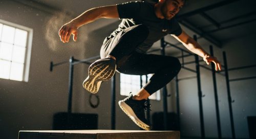 Ein Athlet landet in Crosstraining Schuhen sicher auf einer Box.