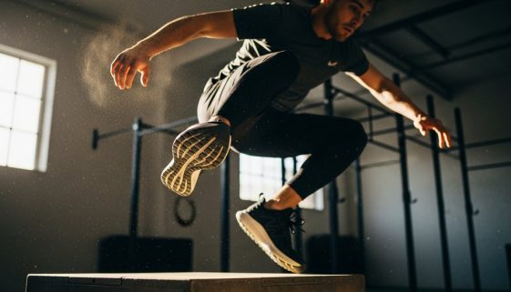 Ein Athlet landet in Crosstraining Schuhen sicher auf einer Box.