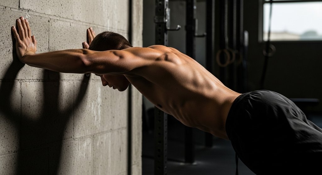 Ein Athlet macht einen Handstand Push-up an der Wand in einer Box.